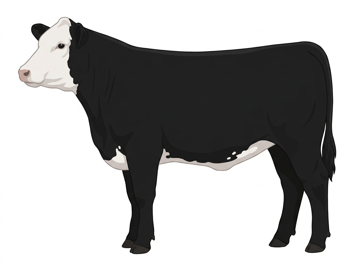 Black with a full white face, white brisket and underline and a few white spots SimAngus Heifer