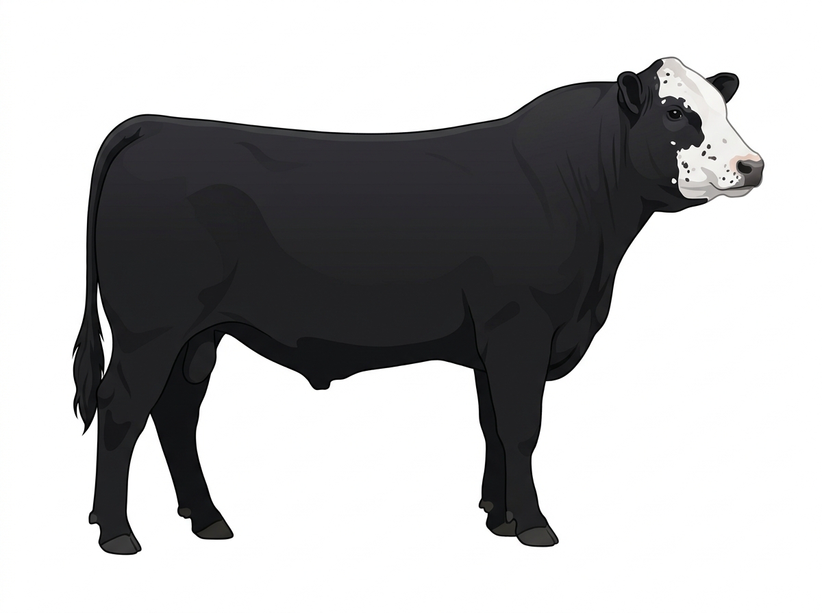 Black with a partial white face, a few white spots and ticking in the white SimAngus Bull