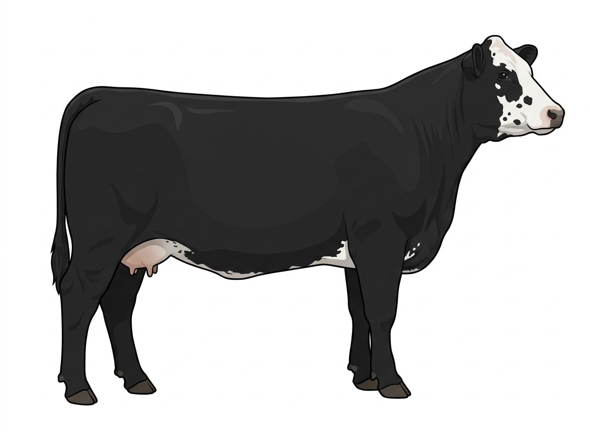 Black with a partial white face, a few white spots and ticking in the white SimAngus Cow