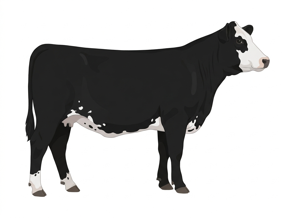 Black with a partial white face, a few white spots and ticking in the white SimAngus Heifer