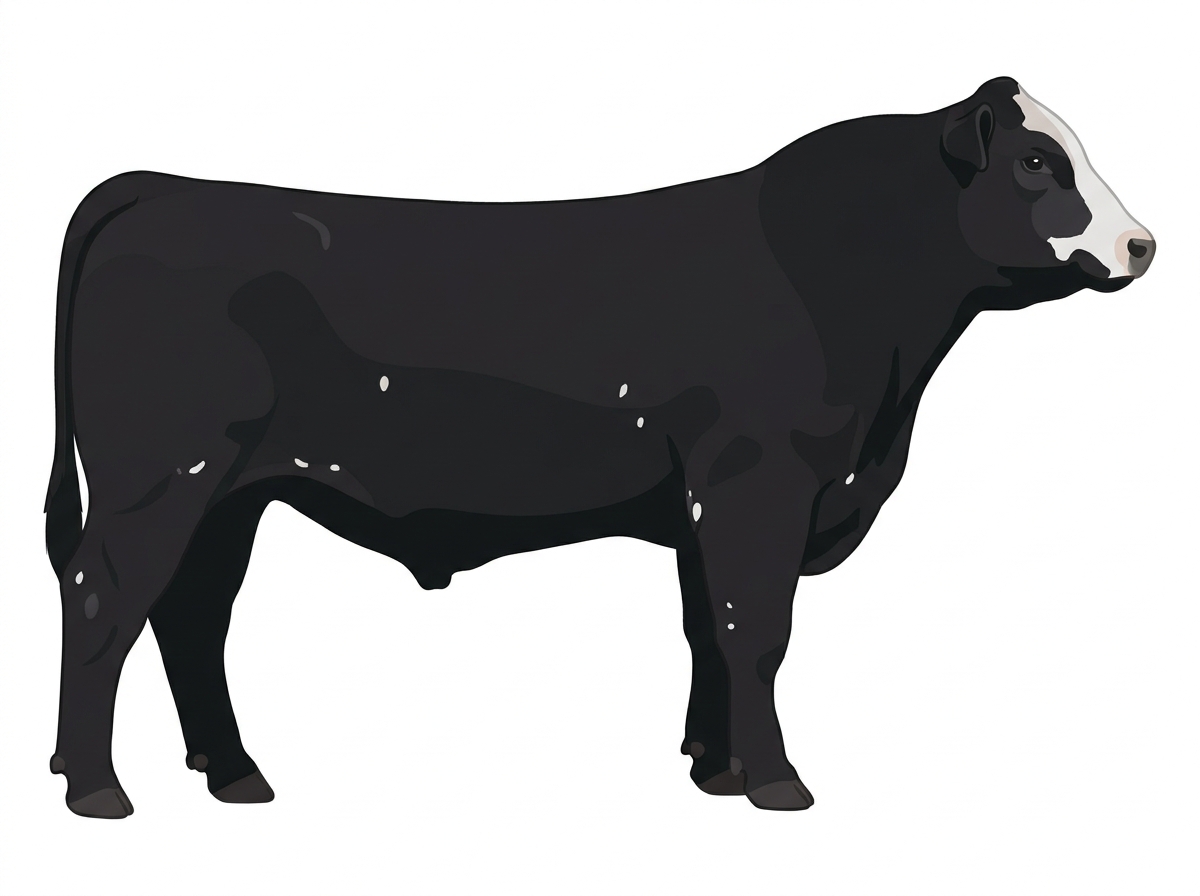 Black with a partial white face and a few white spots SimAngus Bull