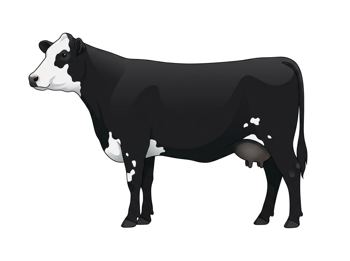 Black with a partial white face and a few white spots SimAngus Cow