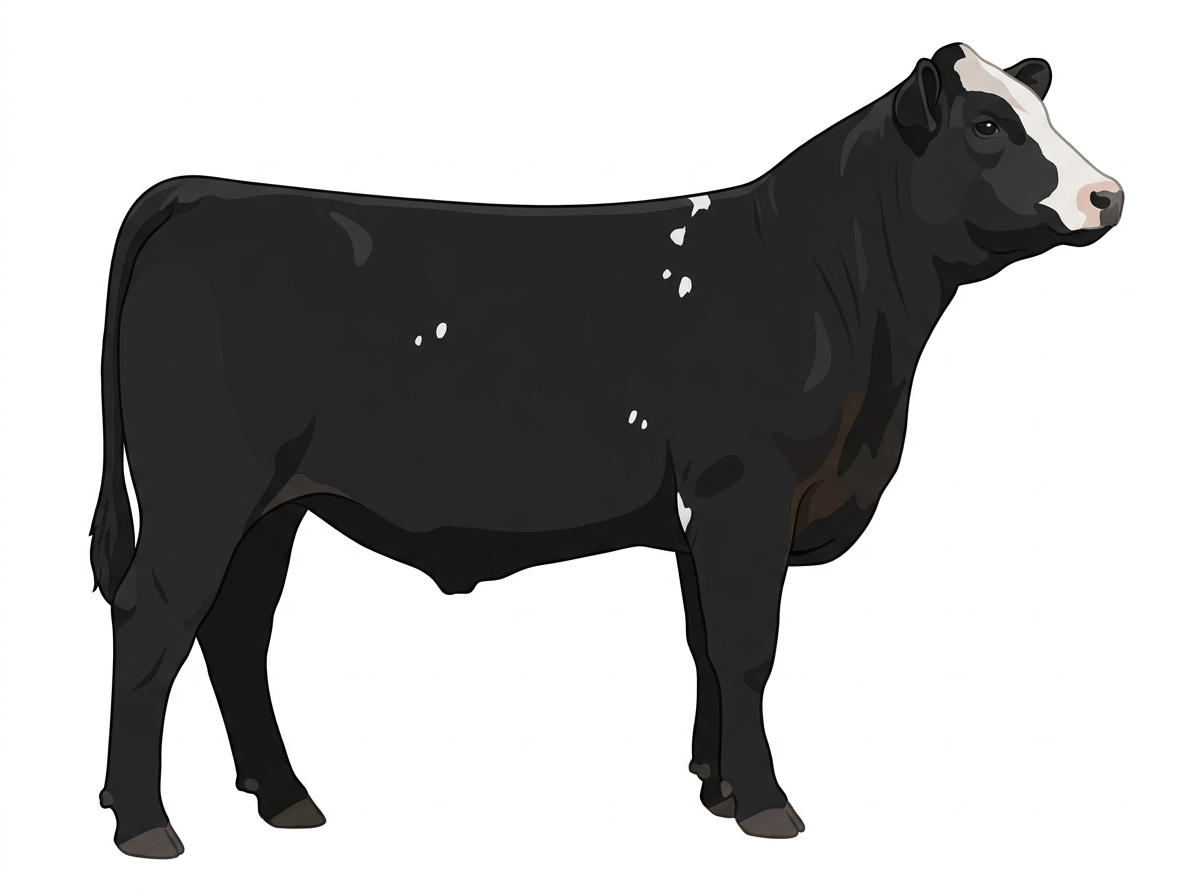 Black with a partial white face and a few white spots SimAngus Steer