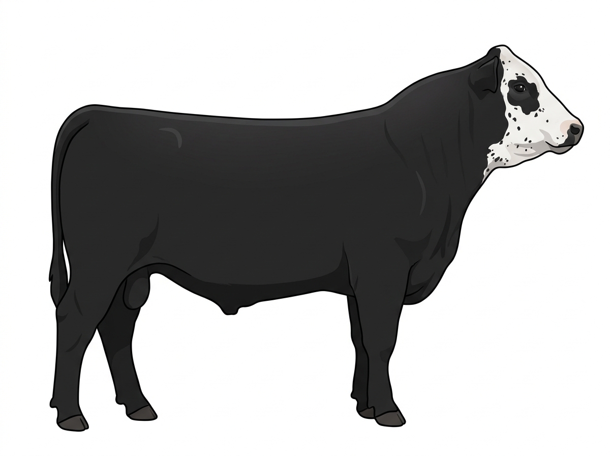 Black with a partial white face and ticking in the white SimAngus Bull