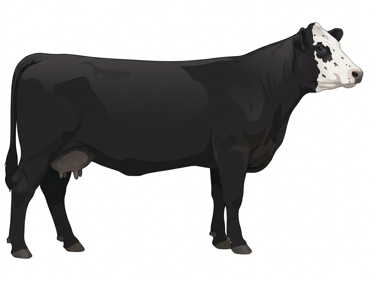 Black with a partial white face and ticking in the white SimAngus Cow