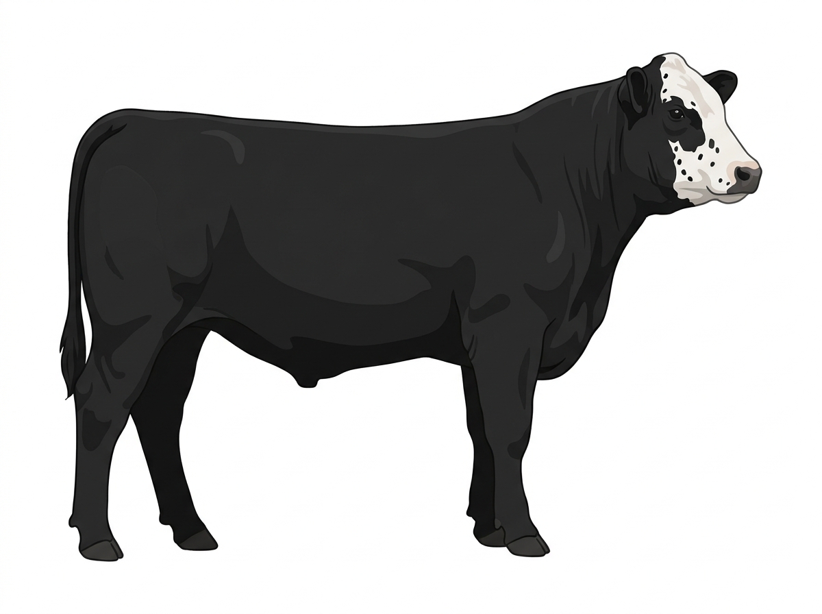 Black with a partial white face and ticking in the white SimAngus Steer
