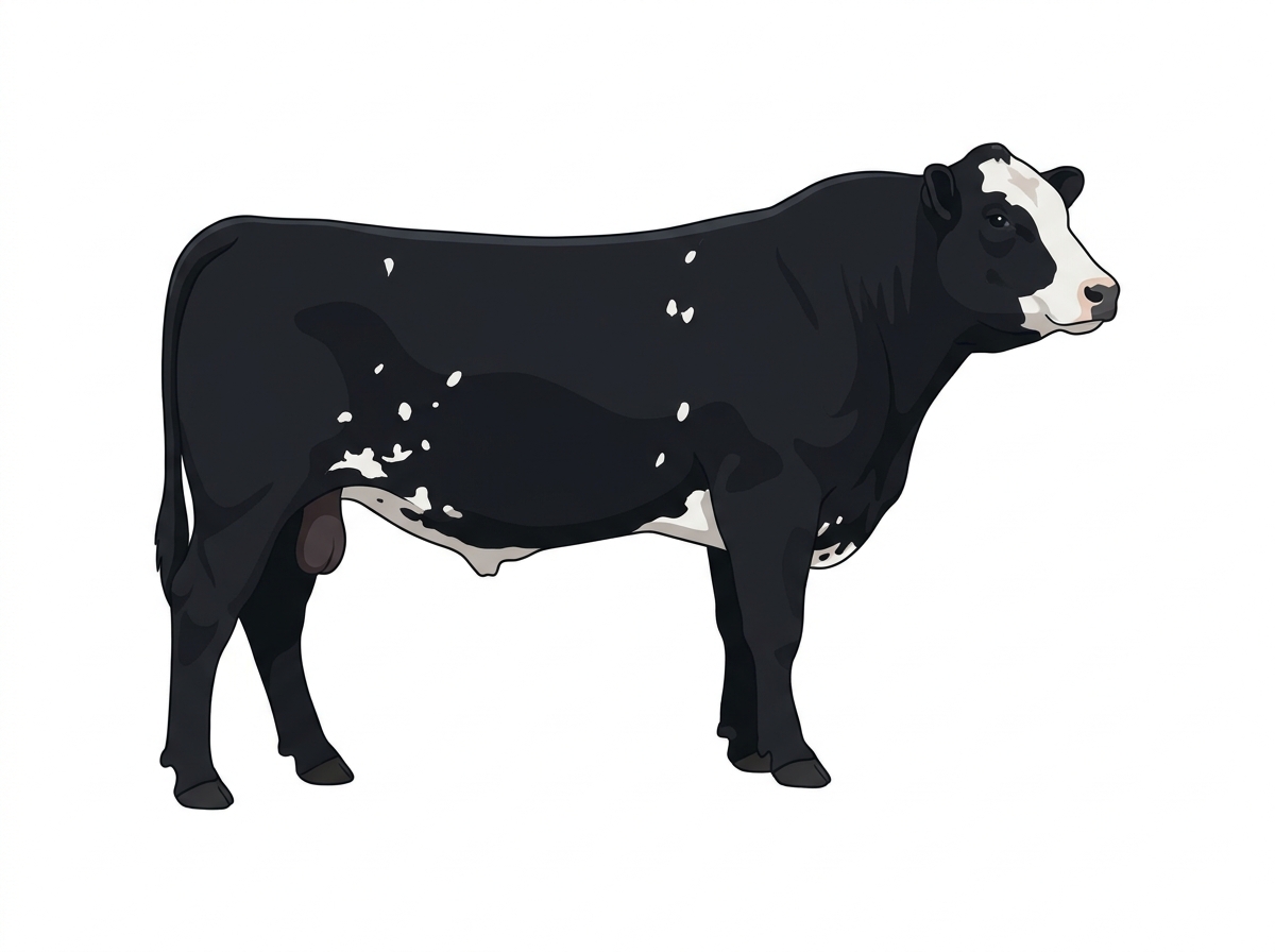 Black with a partial white face and white spots SimAngus Bull