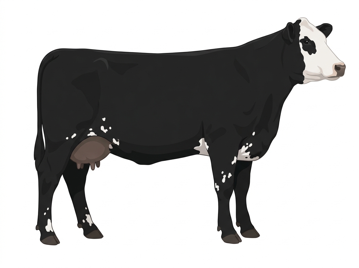 Black with a partial white face and white spots SimAngus Cow