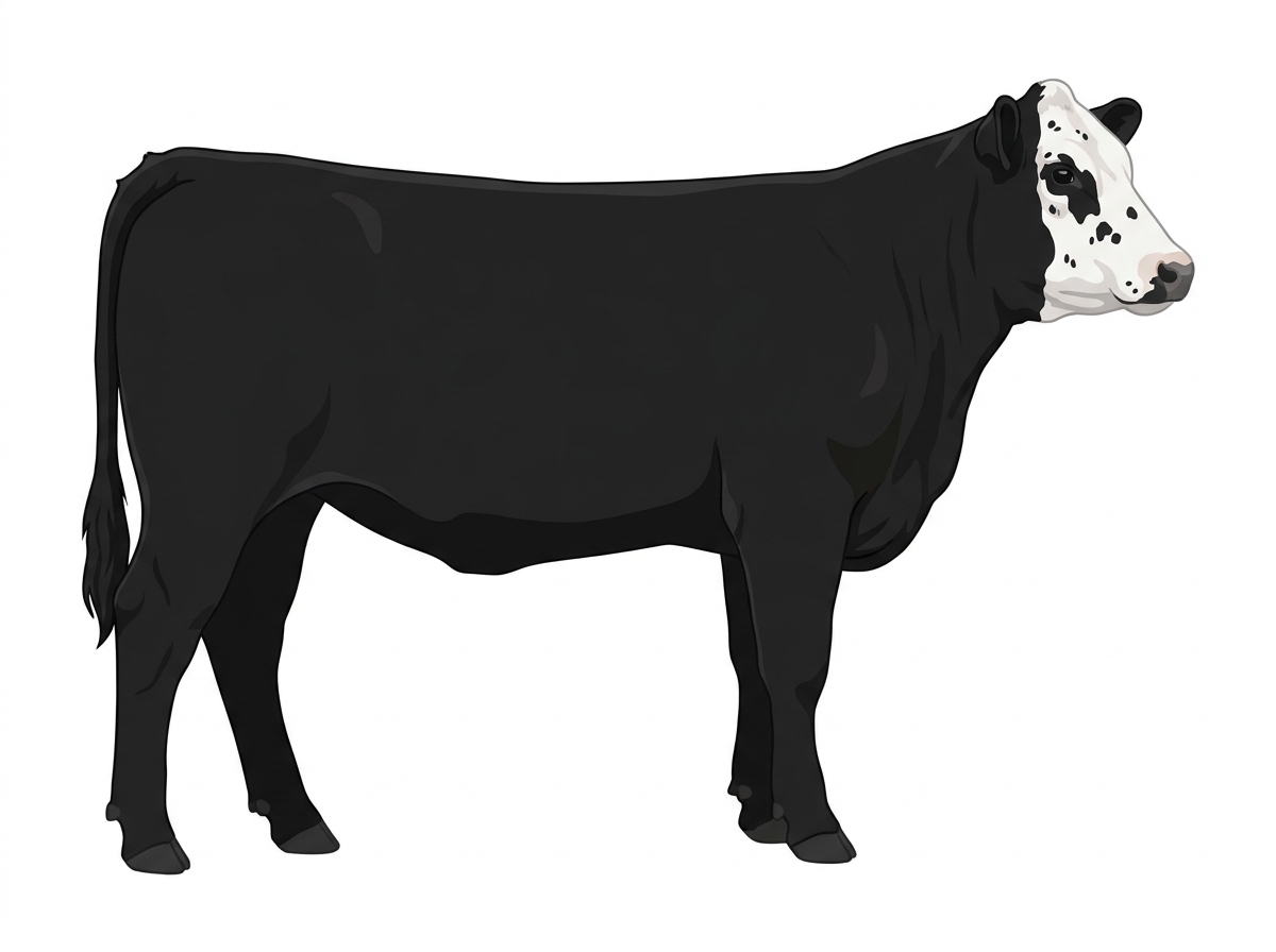 Black with a partial white face, white spots and ticking in the white SimAngus Heifer
