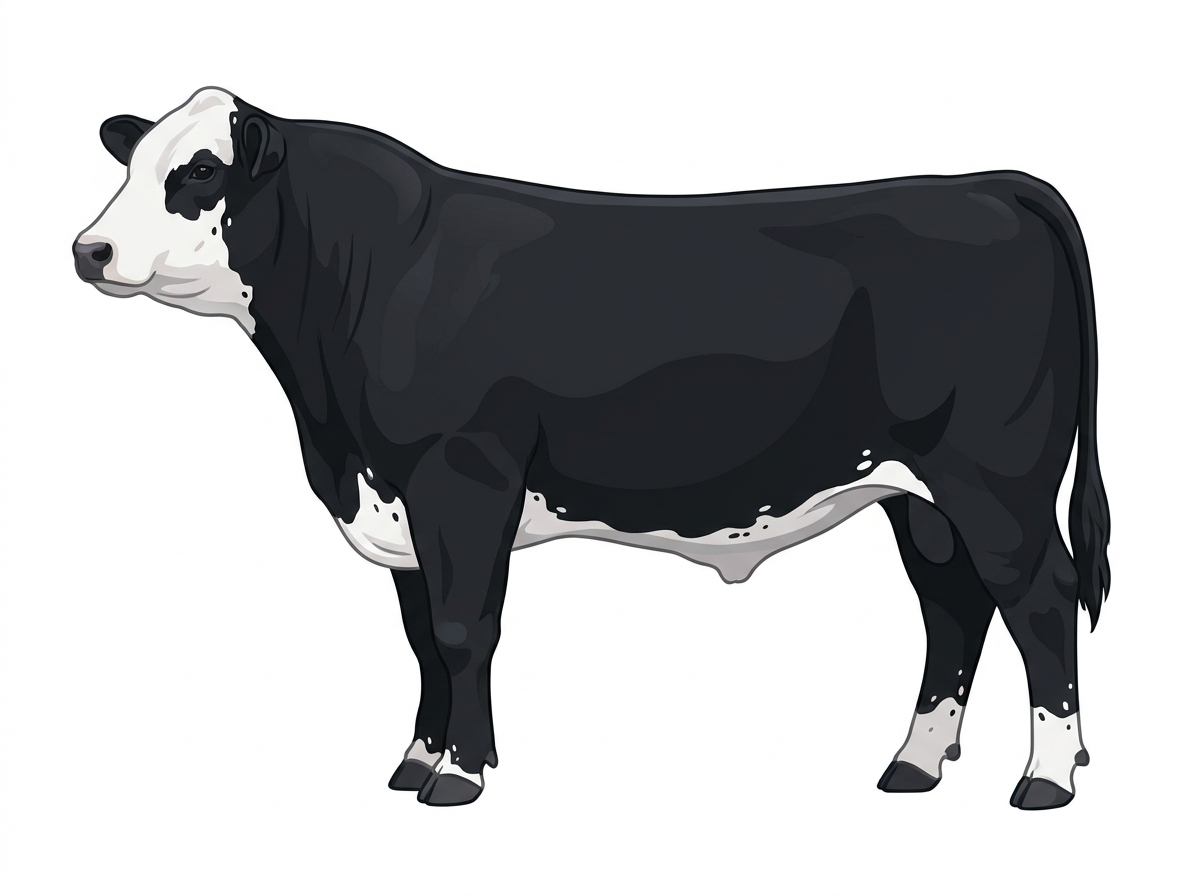 Black with a white face, a few white spots and ticking in the white SimAngus Bull