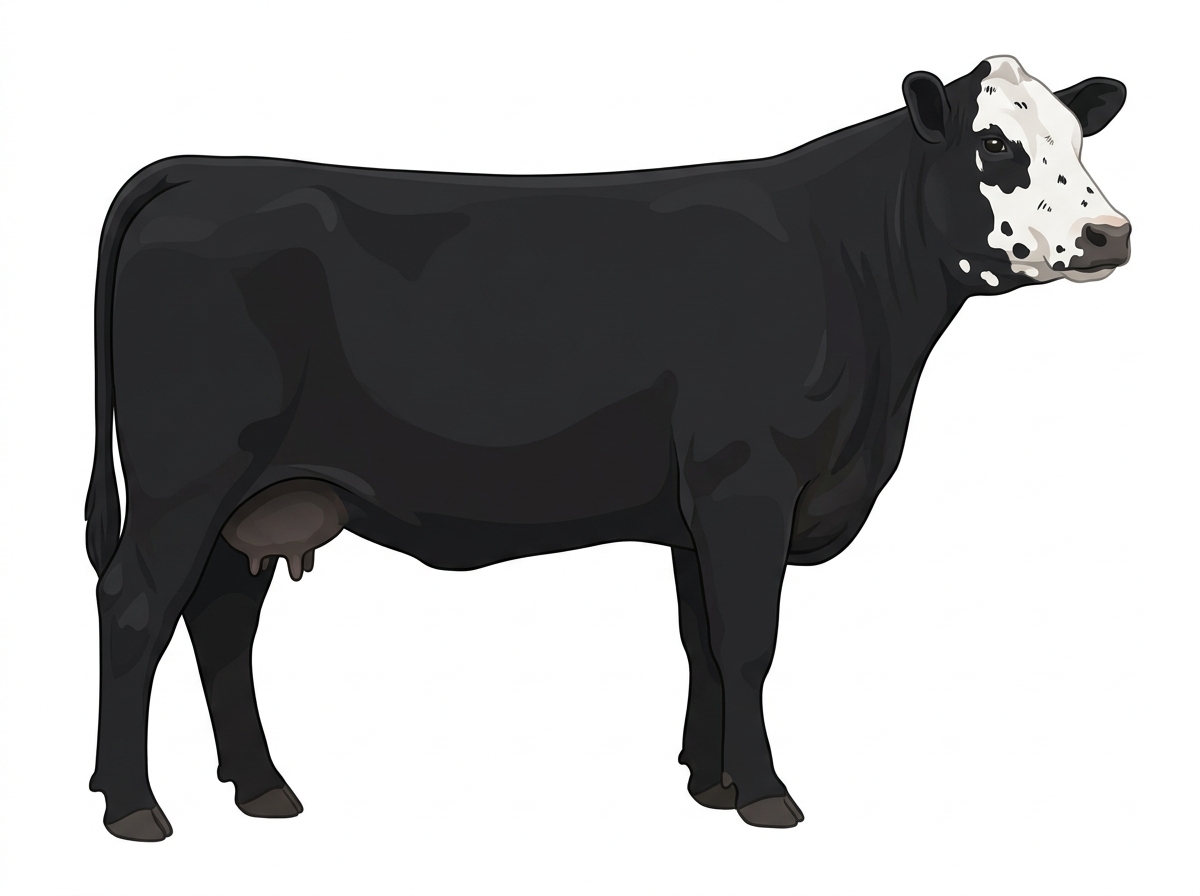 Black with a white face, a few white spots and ticking in the white SimAngus Cow
