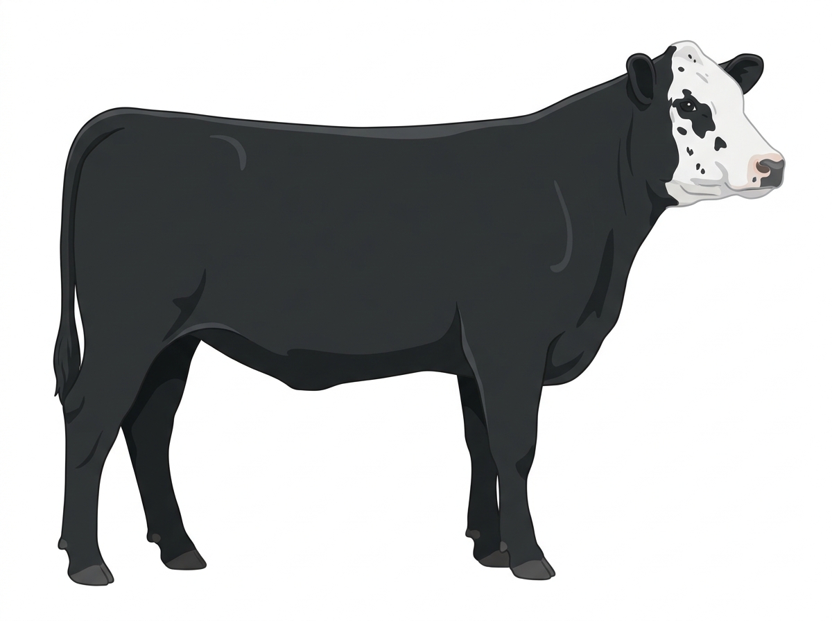 Black with a white face, a few white spots and ticking in the white SimAngus Heifer