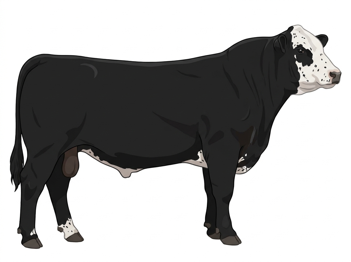 Black with a white face and ticking in the white SimAngus Bull