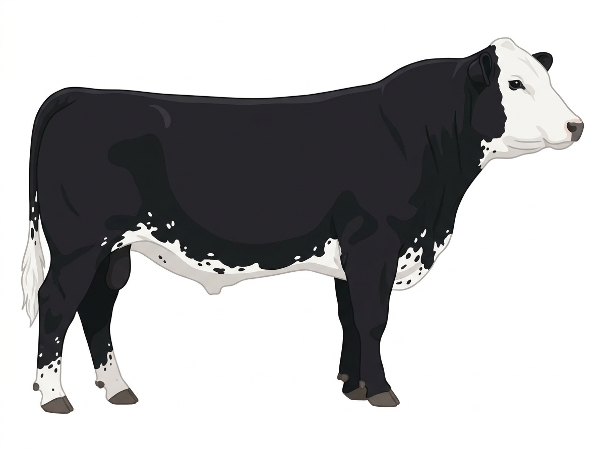 Black with a white face, white spots and ticking in the white SimAngus Bull