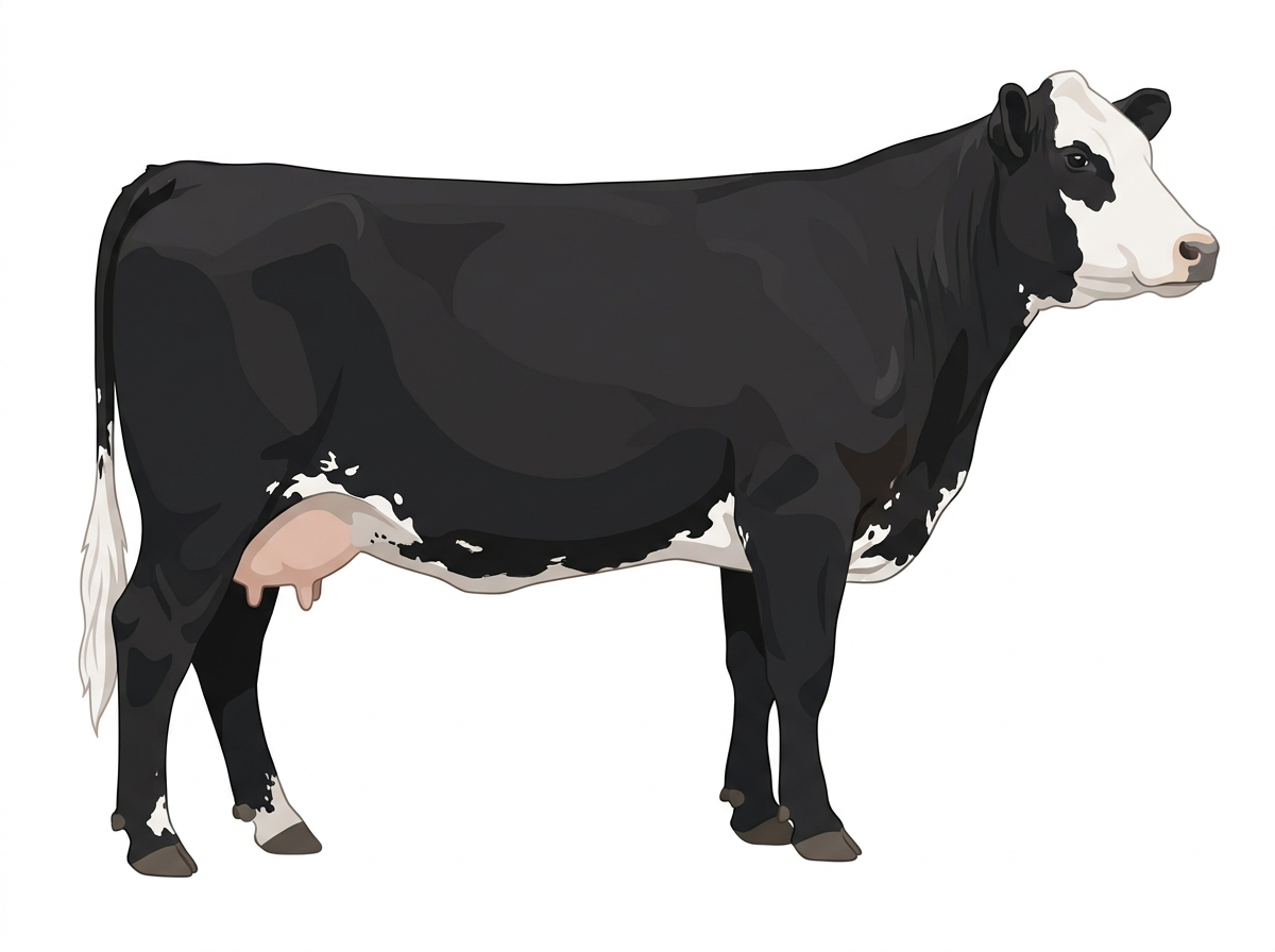Black with a white face, white spots and ticking in the white SimAngus Cow