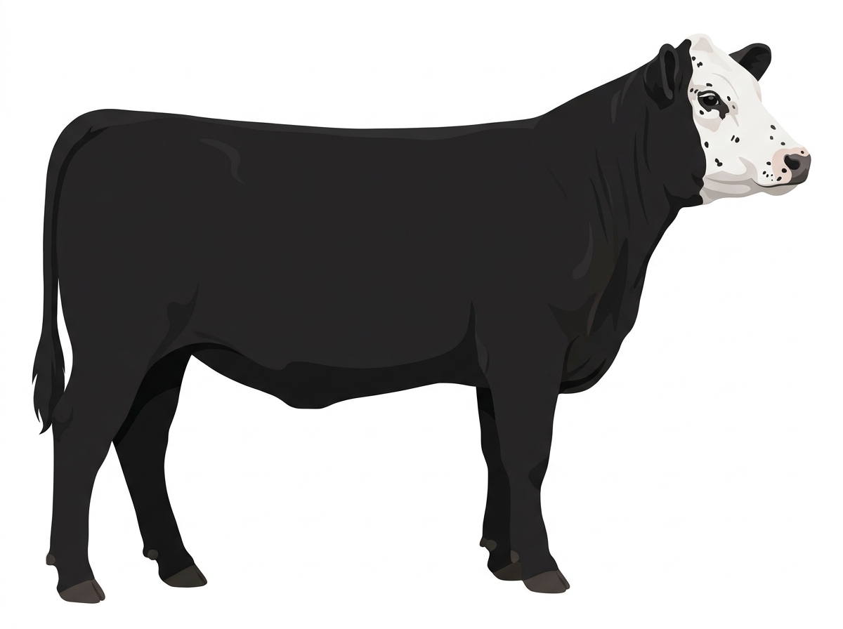 Black with a white face, white spots and ticking in the white SimAngus Heifer