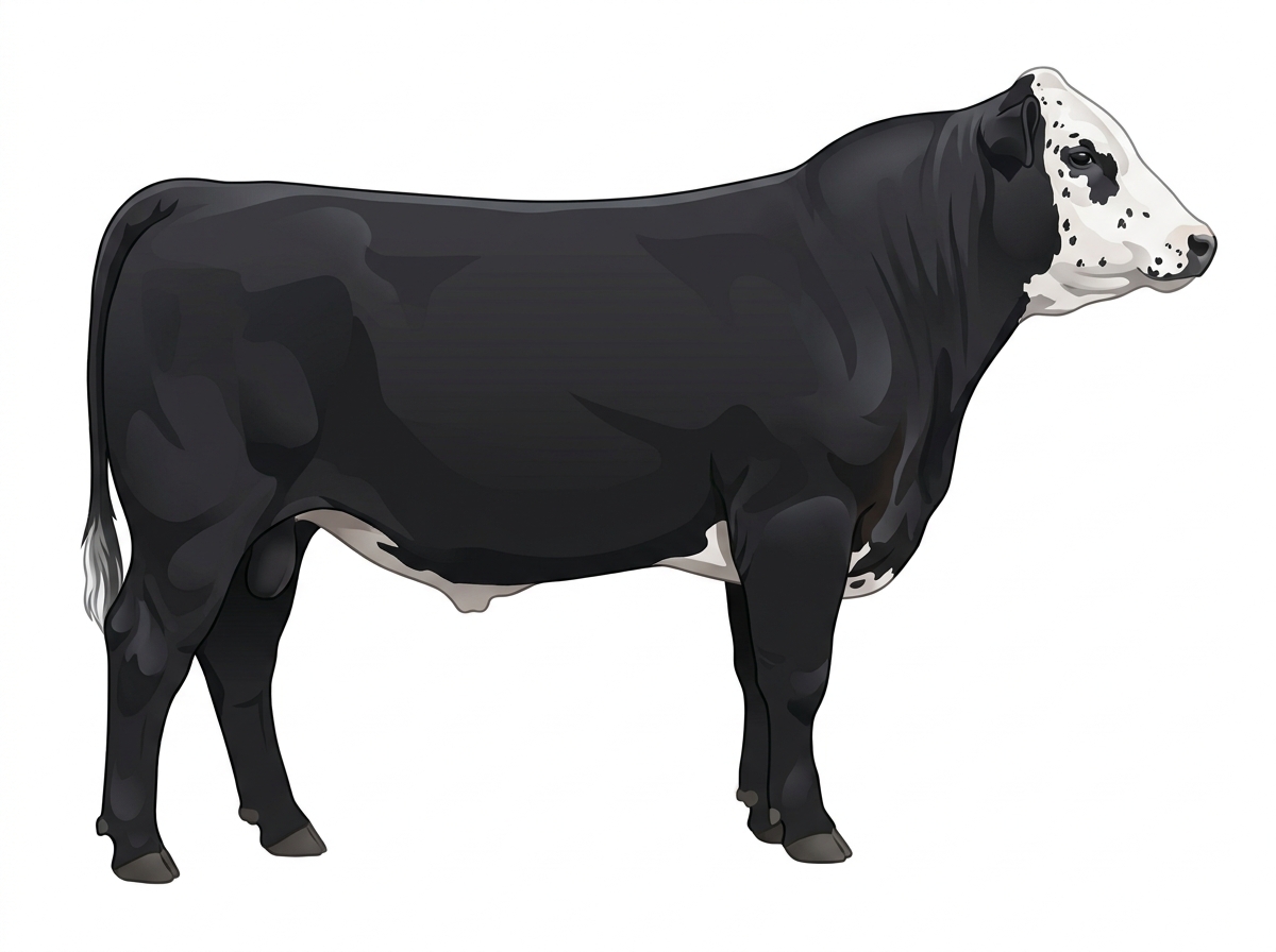 Black with a white face, white spots and ticking in the white SimAngus Steer