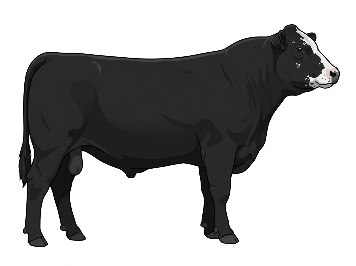 Black with minimal white face markings, a few white spots and ticking in the white SimAngus Bull
