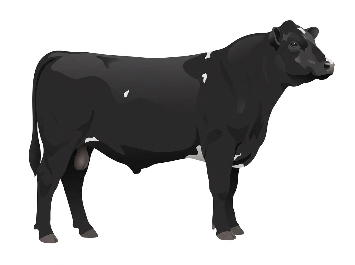 Black with minimal white face markings and a few white spots SimAngus Bull