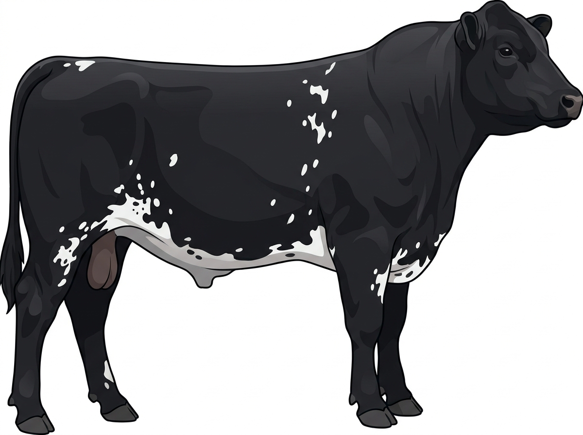 Black with white spots and ticking in the white SimAngus Bull