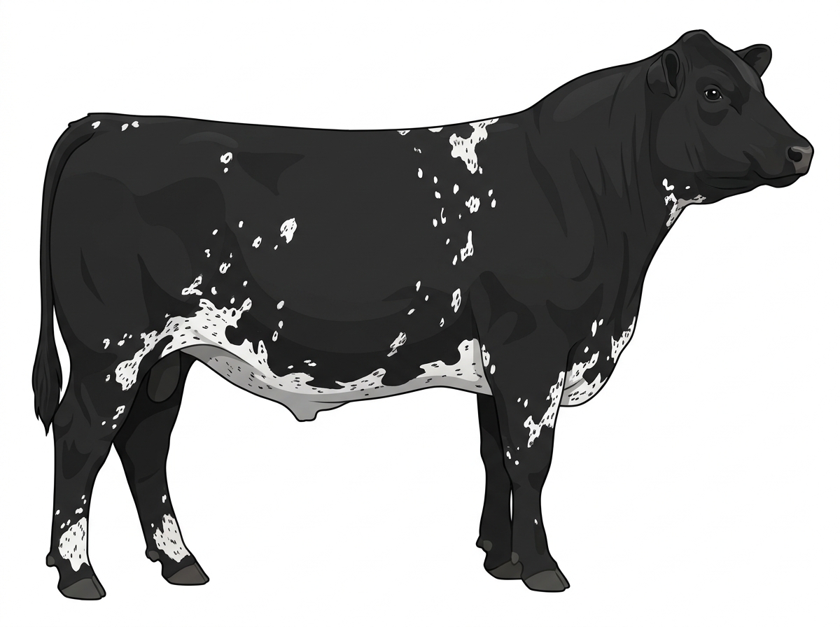 Black with white spots and ticking in the white SimAngus Steer