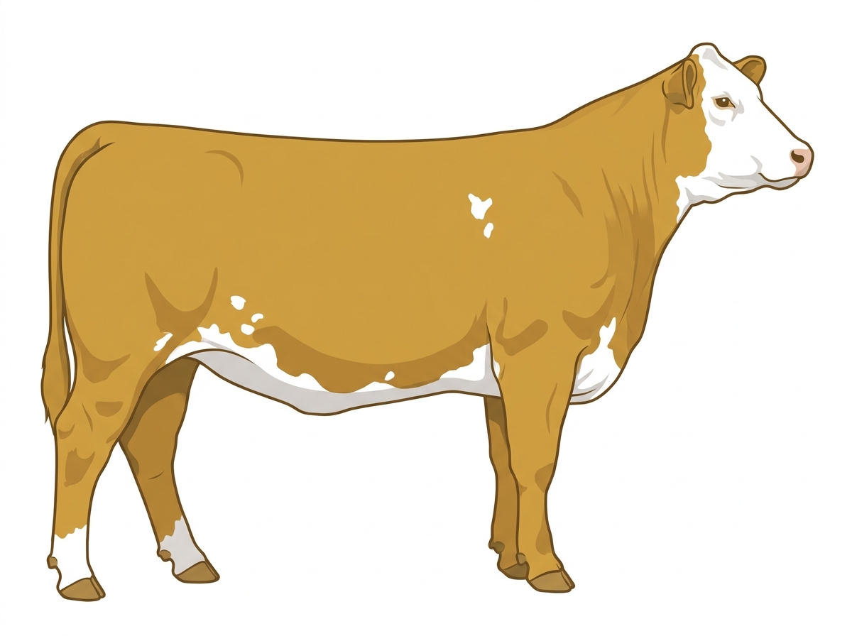 Gold with a full white face, white brisket and underline and a few white spots SimAngus Heifer