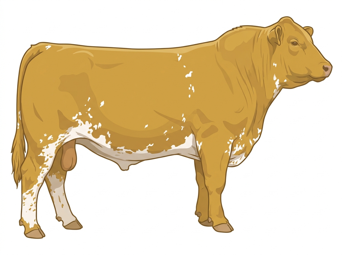 Gold with white spots and ticking in the white SimAngus Bull
