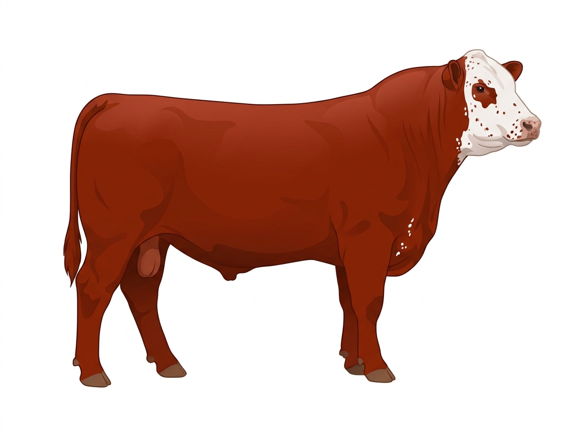 Red with a white face, a few white spots and ticking in the white SimAngus Bull