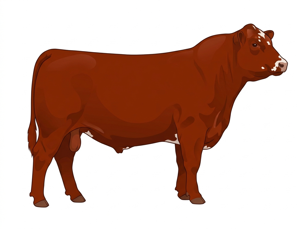 Red with minimal white face markings and a few white spots SimAngus Bull