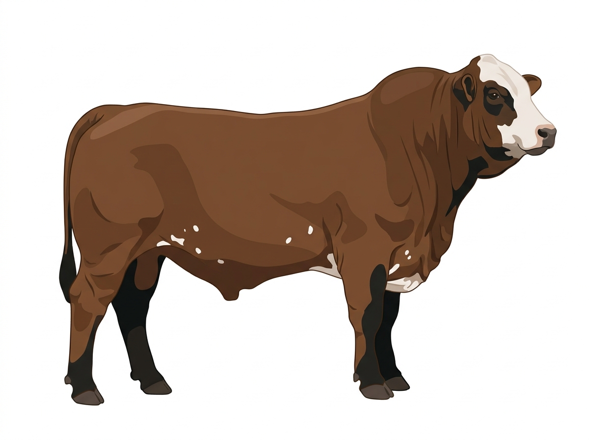 Brown with black points, a white face and a few white spots Simbrah Bull