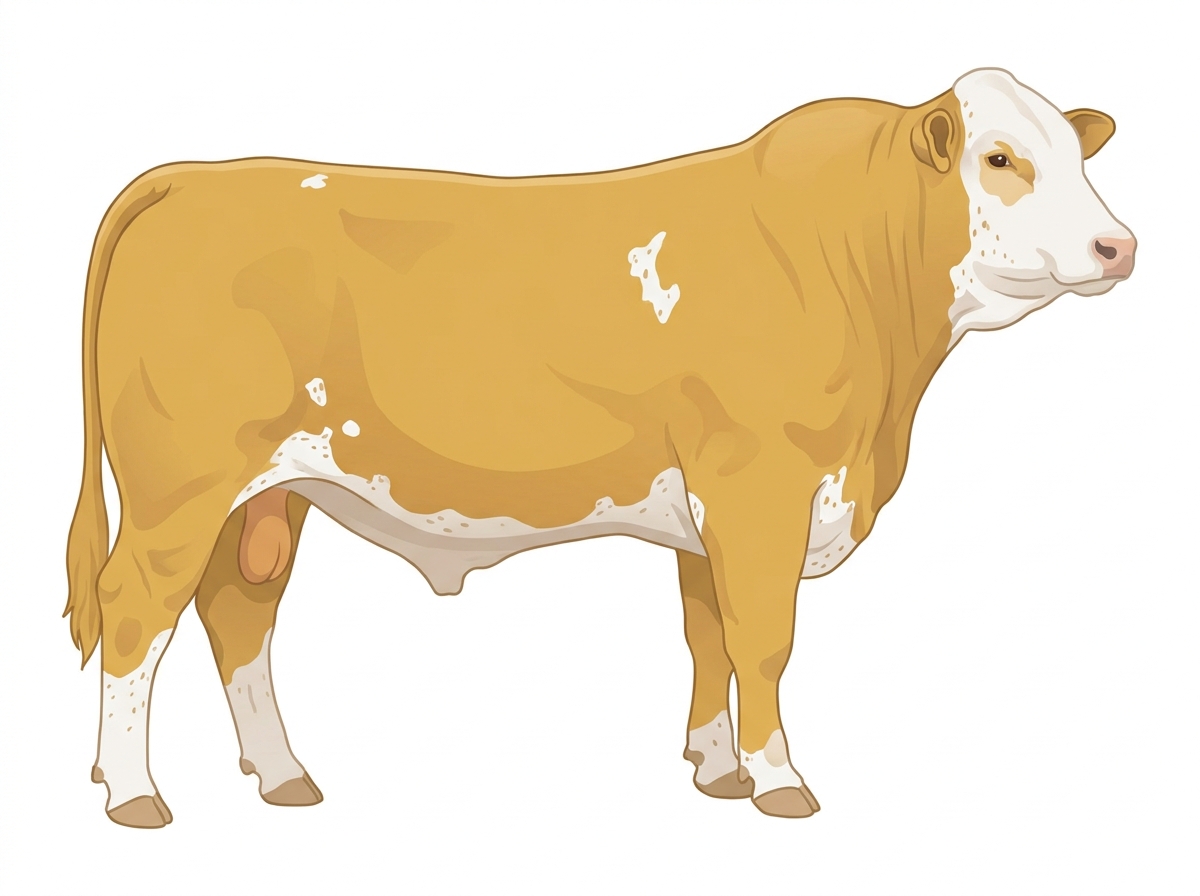 Gold with a white face, a few white spots and ticking in the white Simbrah Bull
