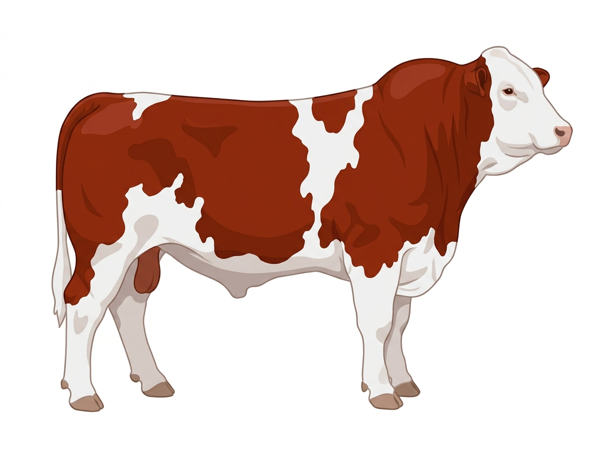 Red with a white face and white spots Simbrah Bull
