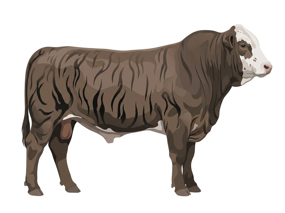 Smoky brindle with black stripes, a white face and a few white spots Simbrah Bull