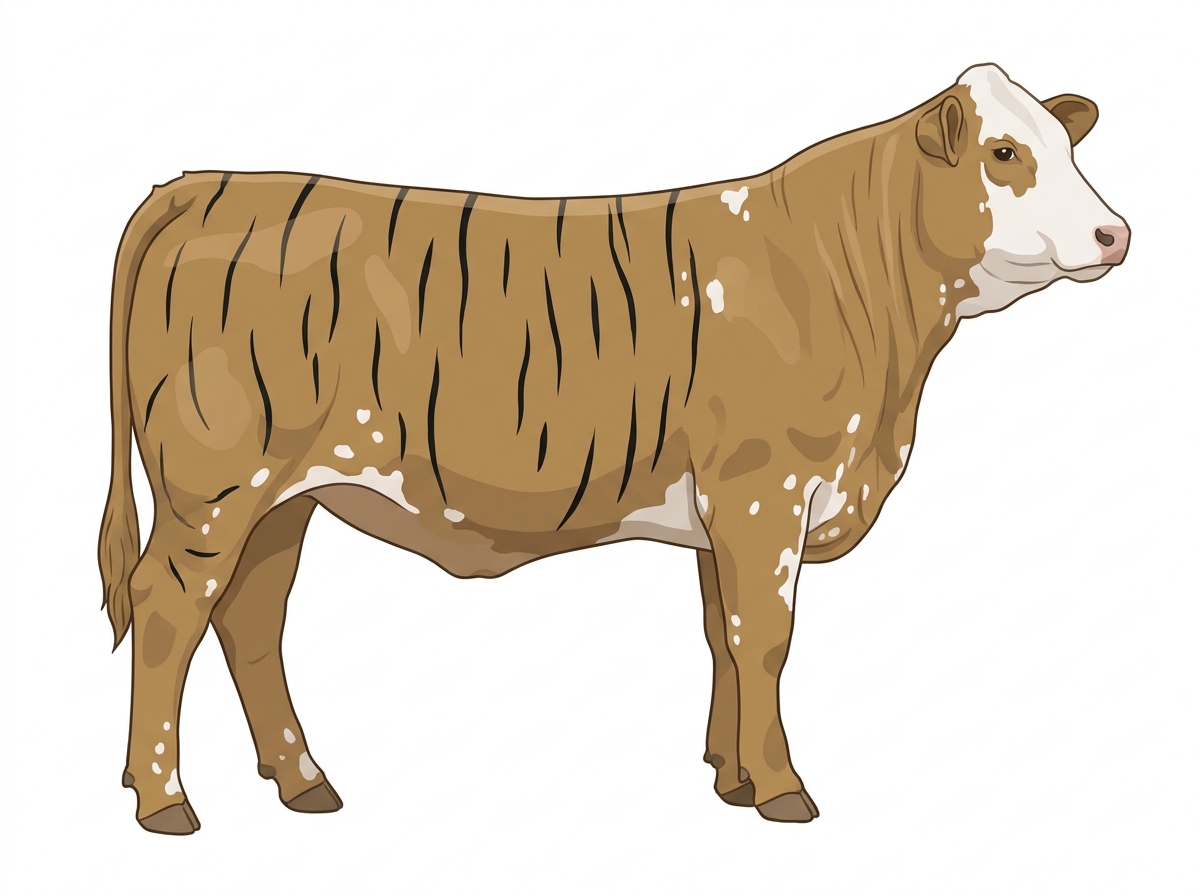 Tan brindle with black stripes, a white face and white spots Simbrah Heifer