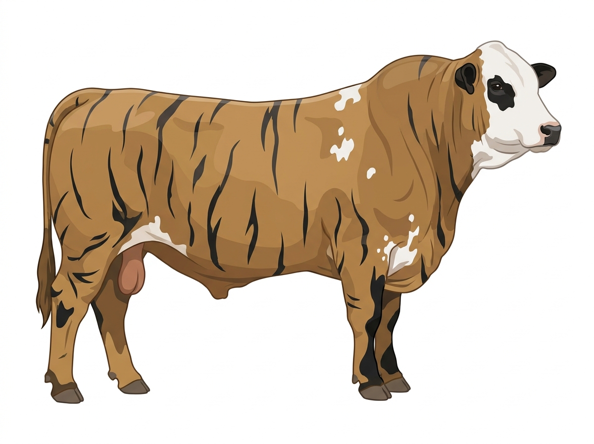 Tan brindle with black stripes, black points, a white face and white spots Simbrah Bull