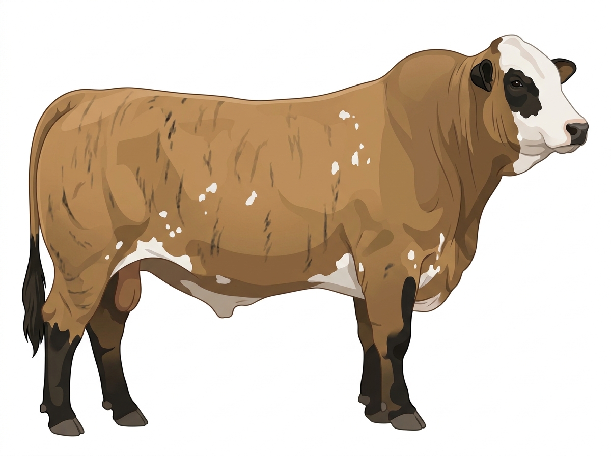 Tan brindle with faint black striping, black points, a white face and white spots Simbrah Bull