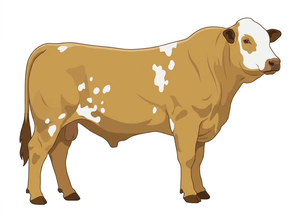 Tan with black points, a white face and white spots Simbrah Bull