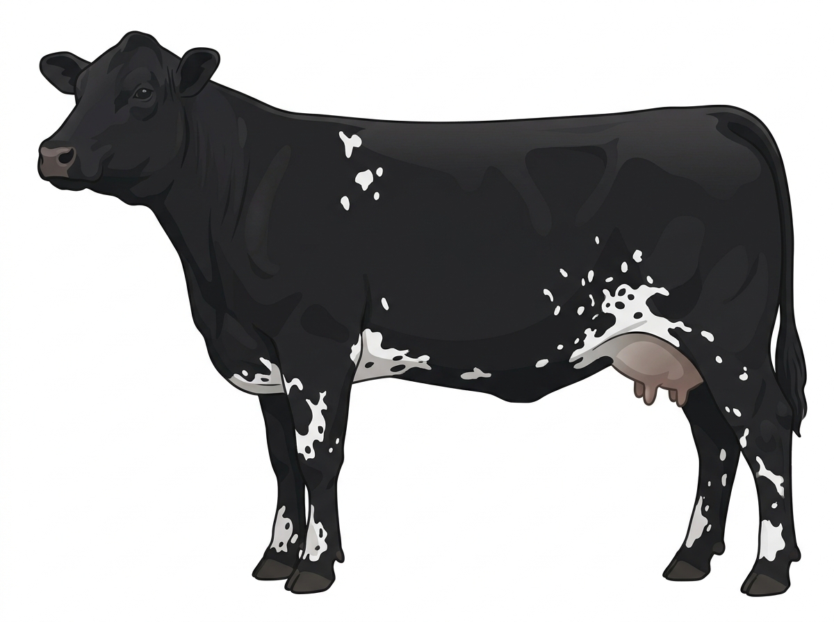 Black with a few white spots and ticking in the white Simmental Cross Cow