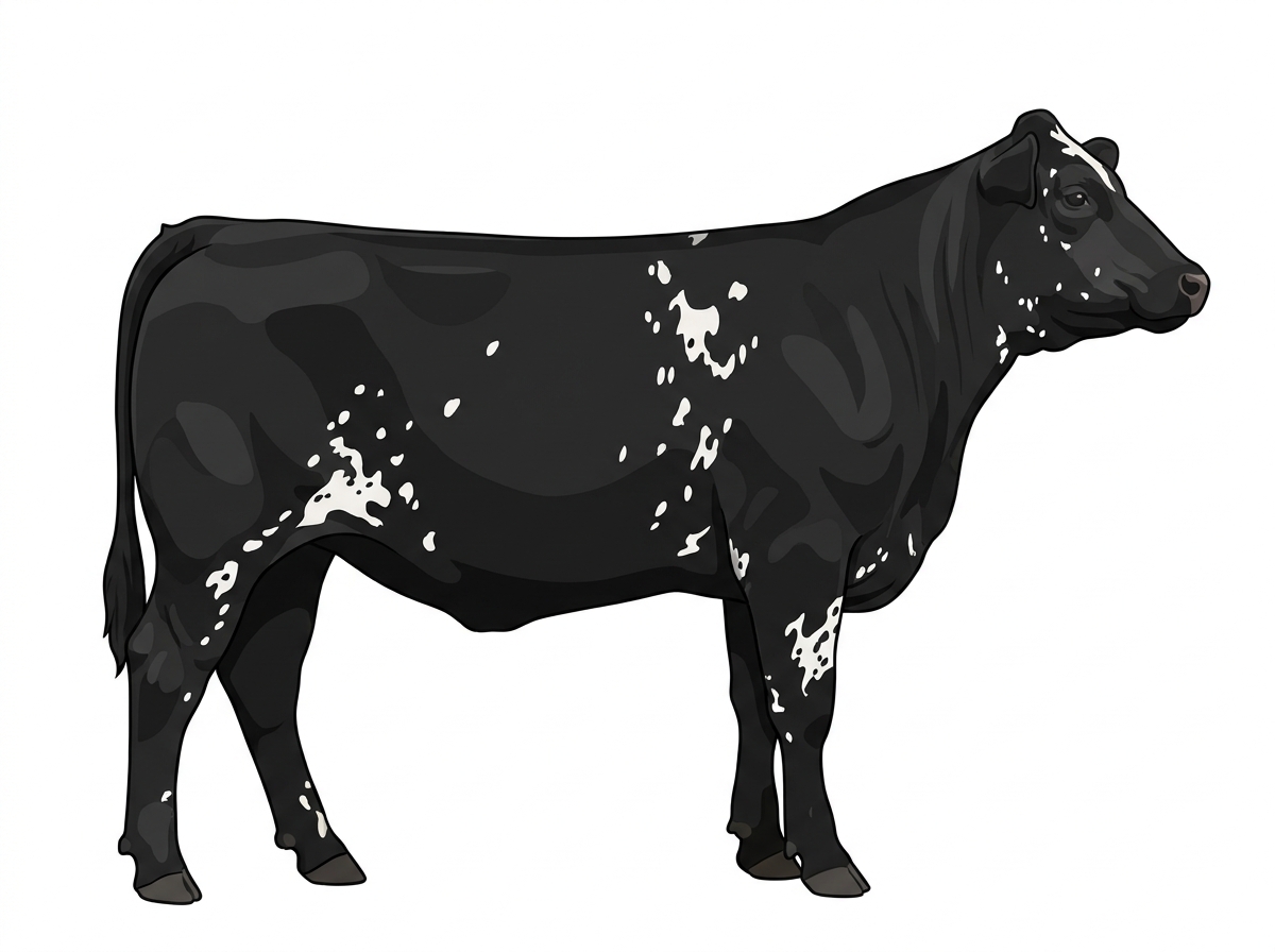 Black with a few white spots and ticking in the white Simmental Cross Heifer
