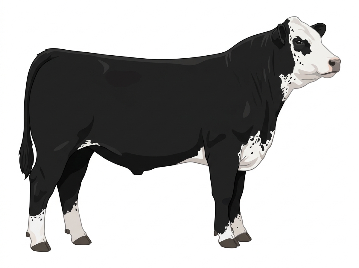 Black with a few white spots and ticking in the white Simmental Cross Steer