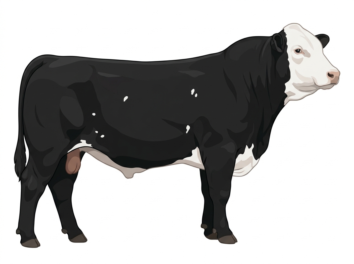 Black with a full white face, white brisket and underline and a few white spots Simmental Cross Bull