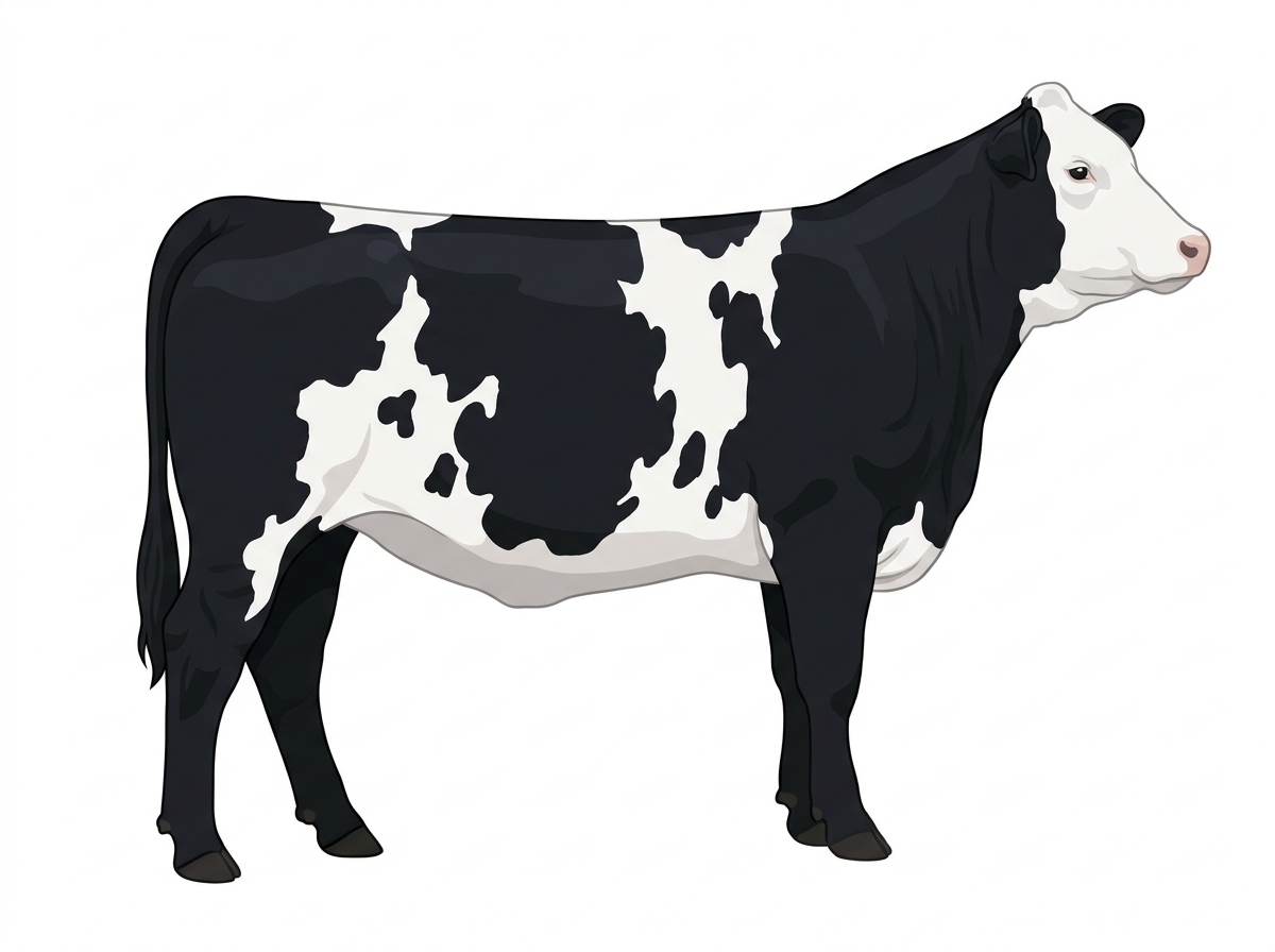 Black with a full white face, white brisket and underline and colored patches on a mostly white body Simmental Cross Heifer
