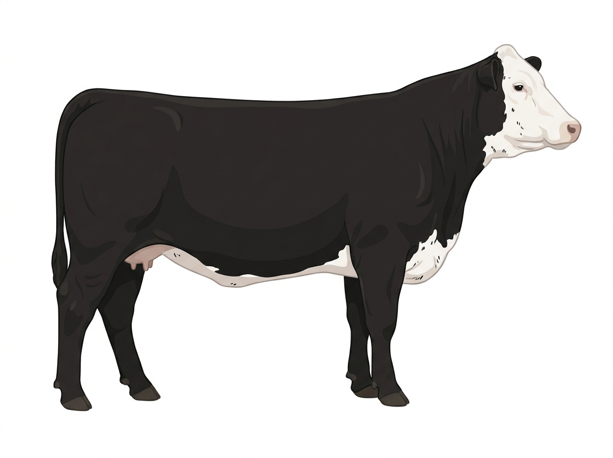 Black with a full white face, white brisket and underline and ticking in the white Simmental Cross Cow