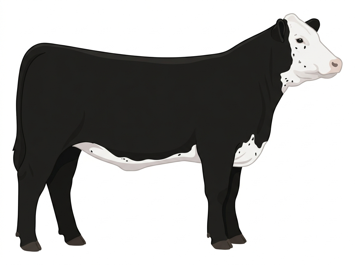 Black with a full white face, white brisket and underline and ticking in the white Simmental Cross Heifer