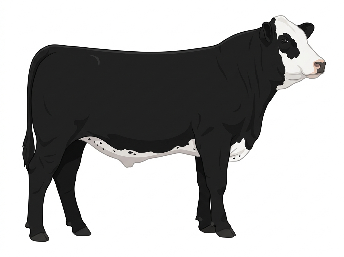 Black with a full white face, white brisket and underline and ticking in the white Simmental Cross Steer