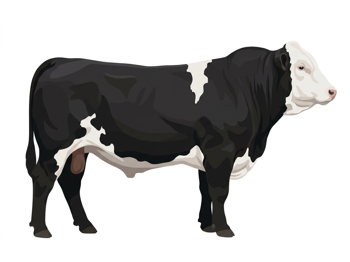 Black with a full white face, white brisket and underline and white in large patches Simmental Cross Bull