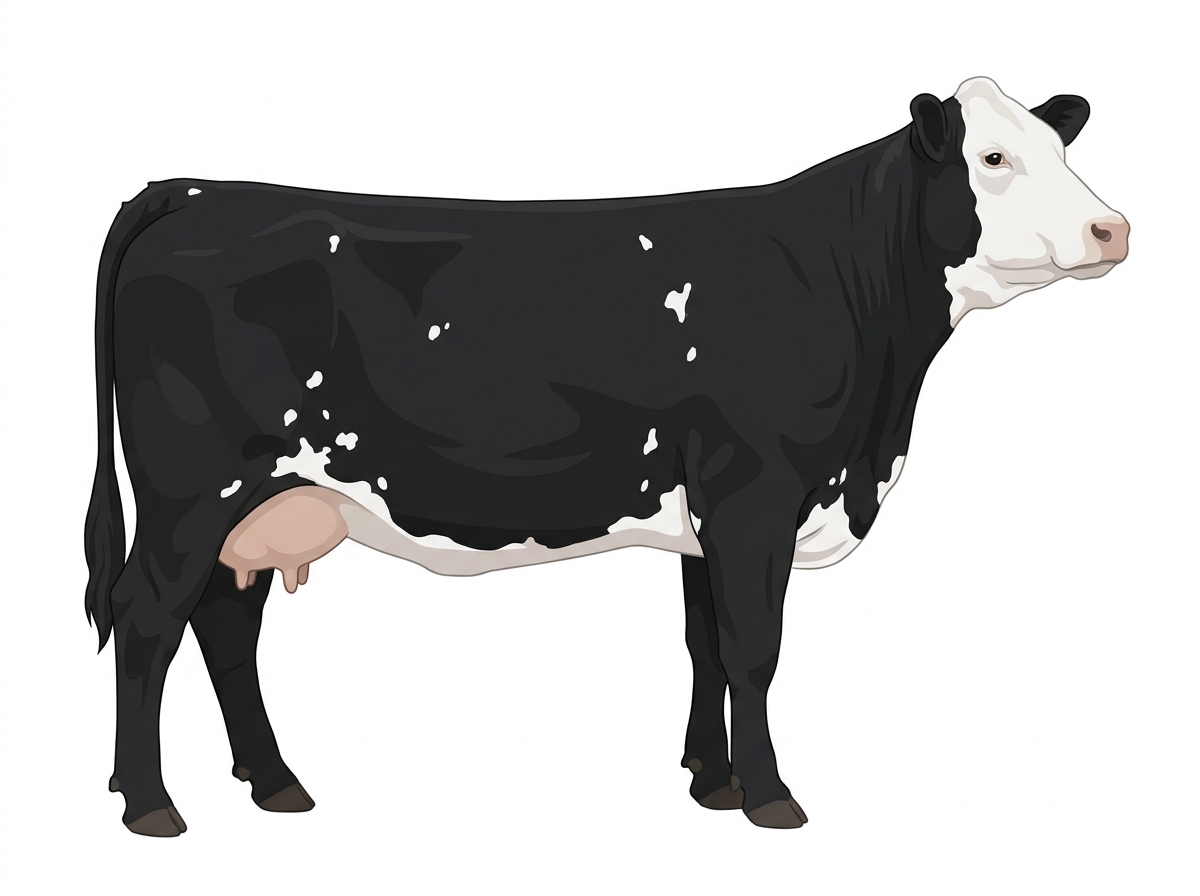 Black with a full white face, white brisket and underline and white spots Simmental Cross Cow