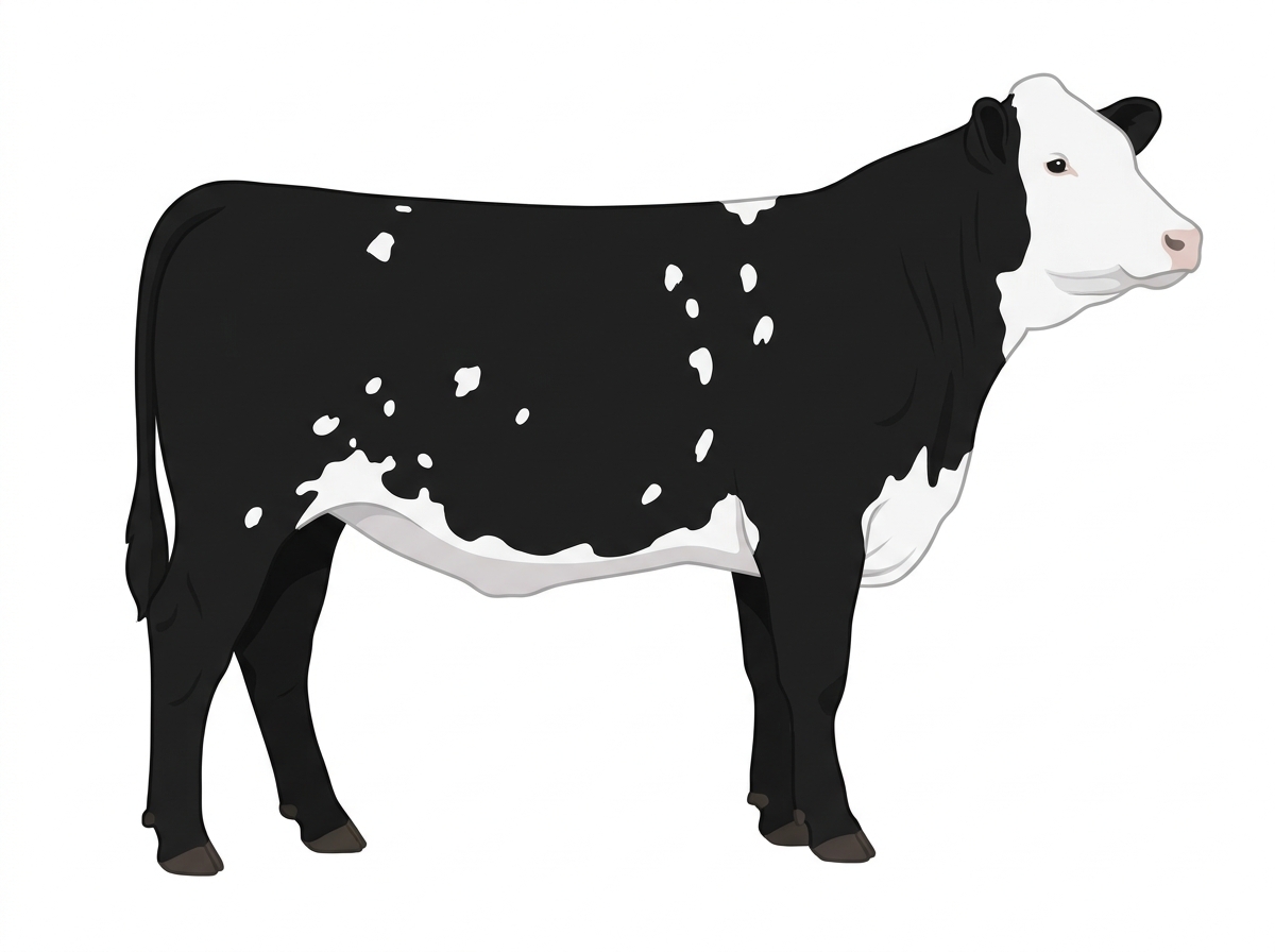 Black with a full white face, white brisket and underline and white spots Simmental Cross Heifer