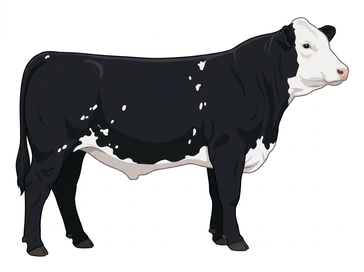 Black with a full white face, white brisket and underline and white spots Simmental Cross Steer