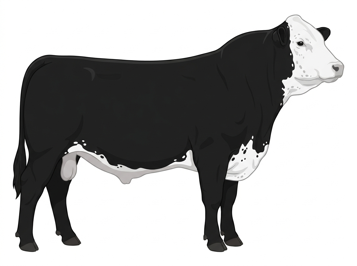 Black with a full white face, white brisket and underline, white spots and ticking in the white Simmental Cross Bull